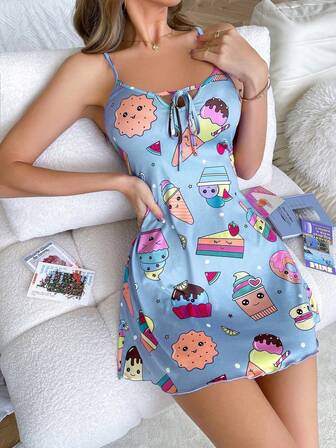 SweetSlumber Camisón con estampado todo sobre con tirantes finos y nudo frontal para mujer, ropa de estar por casa informal