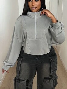 Maweii Plus Size Casual Half-Turtleneck Zip-Up Short Sweatshirt For Outdoor Wear, Autumn - Grey - View 6
