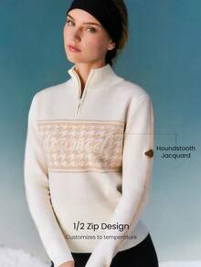 GLOWMODE Skiing Collection Snowbound Soft Warm Cozy Houndstooth Jacquard High Neck Quarter-Zip Fitted Sweater Autumn Winter Outdoors Skiing Wear - White - View 6