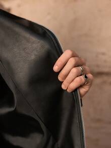 HIMLAND Men's Fringed PU Leather Long Sleeve Shacket - Black - View 8