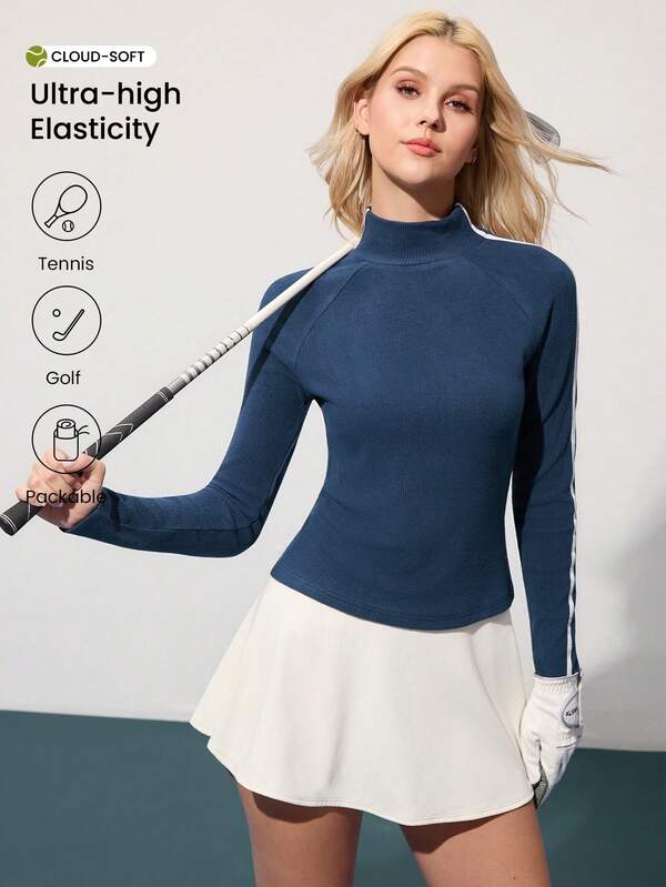 CourtClass Polo de golf décontracté à manches longues, ajusté, avec bande contrastée en laine polaire, pour femmes, automne/hiver