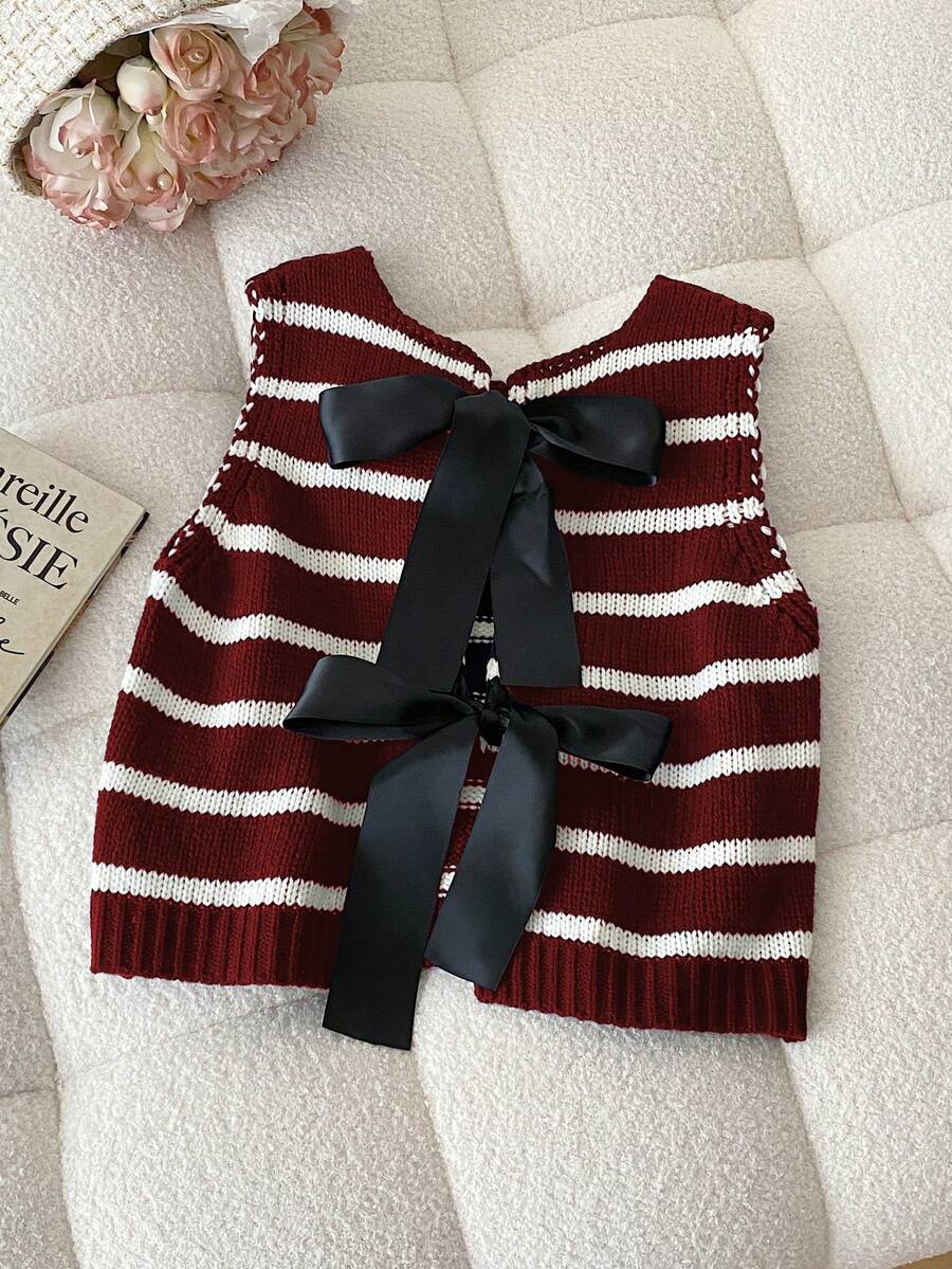 Elamini Women's Casual Striped Knit Vest With Front Tie, Autumn
