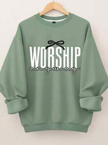 EMERY ROSE Plus Size Women's Letter Slogan 'Worship Anyway' Graphic Crew Neck Long Sleeve Casual Sweatshirt,Fall&Winter
