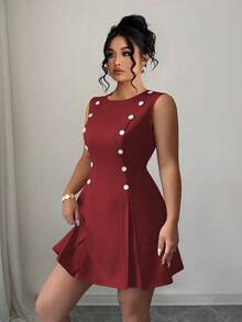 Elenzga Vestido mini elegante de talla grande con cuello redondo, sin mangas, doble botonadura, botones de cristal, cintura ceñida. Versátil para el trabajo y uso casual, color rosa - Burdeos - Ver 6