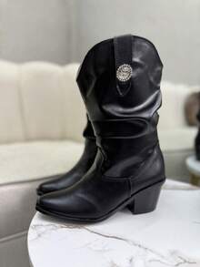 Botas vaqueras bordadas para mujer, de media caña y puntales, estilo vaquera, a la moda. - Negro - Ver 4