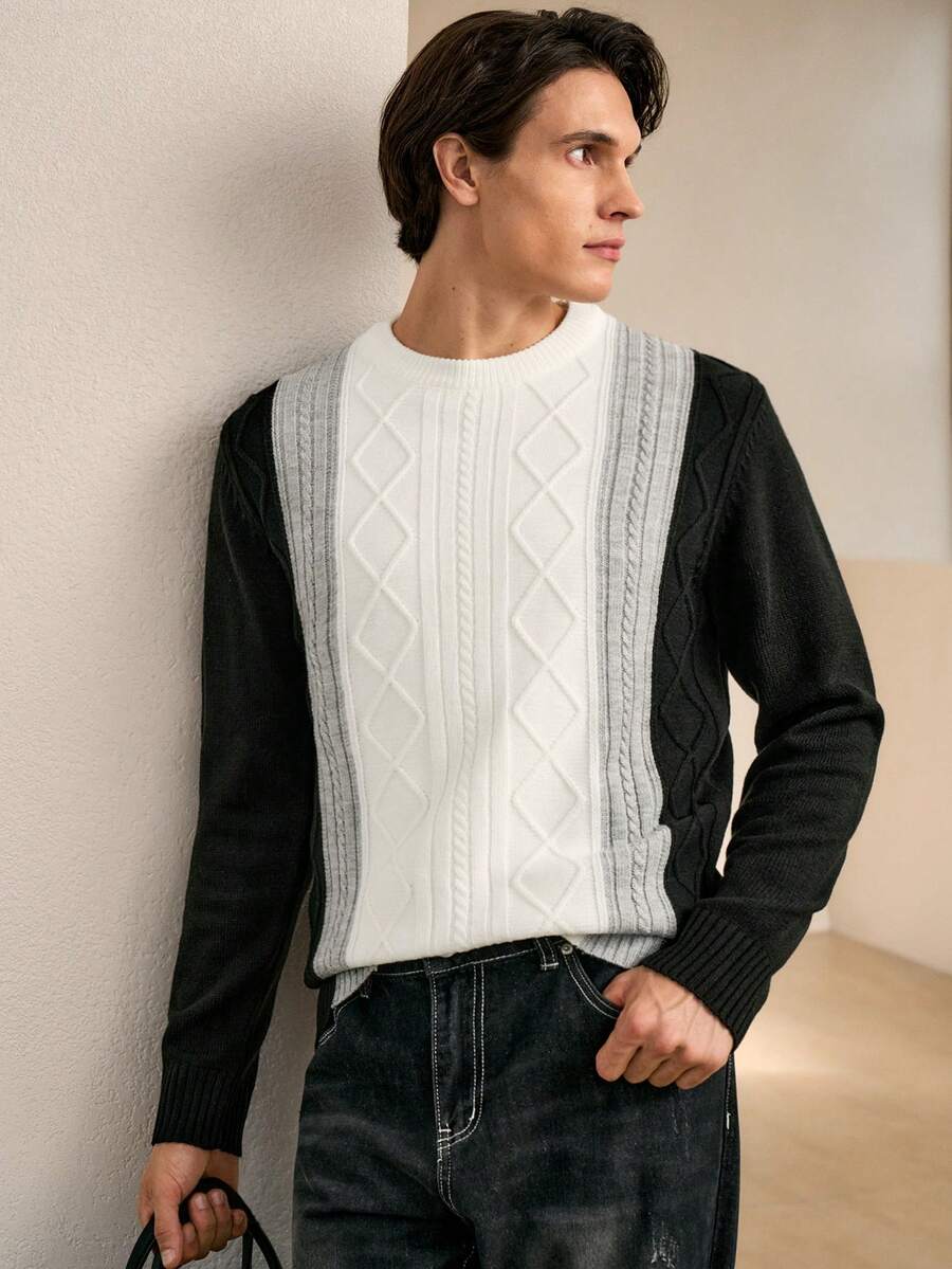 RONVEXI 男士對比色圓領長袖休閒毛衣,秋季,商務休閒,辦公,黑白條紋羊絨針織上衣 - 黑與白 - 查看 1