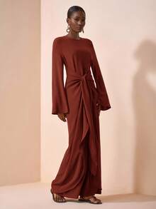 Zivah Phong cách mới mùa hè và đầu thu 2025, Thích hợp cho tiệc sinh nhật, mùa tốt nghiệp, đi chơi hàng ngày, Đa năng, kỳ nghỉ bình thường, du lịch du thuyền, tắm nắng trên bãi biển và bờ biển, Sản phẩm nổi tiếng trực tuyến, Bình thường và thanh lịch, tiệc đi làm, Cổ tròn, Tay dài, Cổ tay áo loe, Thiết kế thắt eo, Đầm dài siêu ôm, Đầm dài màu nâu dành cho nữ -A - Màu nâu Mocha - Xem 5