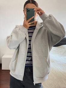 DAZY 女士保暖内衬字母印花宽松休闲连帽长袖街头风卫衣，秋冬款 - 灰色 - 查看 5