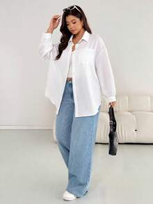 Shapeblank Plus Size Women's Apple-Shaped Body Casual Drop Shoulder Loose Blouse, Spring Autumn, Fall/Winter Vacation, Beach Outfit, Airport Outfits, White Blouse, Winter Outfits For Women, Casual Blouses For Ladies, Winter Clothes For Women - White - View 6