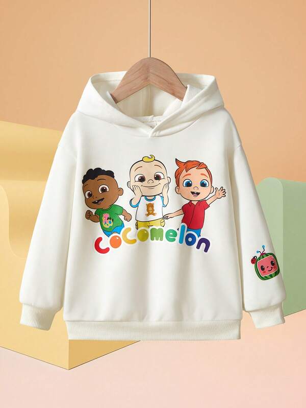 CoComelon X SHEIN Young Boy Cute Cartoon Figure Graphic Hooded Long Sleeve Knit Outdoor Sports Casual Sweatshirt