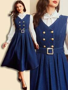 Vintamour Women's Elegant Navy Blue Denim Dress,Autumn Office Back-To-School Double-Breasted Sleeveless Pleated Hem Midi Dress With Belt & Gold Buttons,Vintage - Dark Wash - View 7