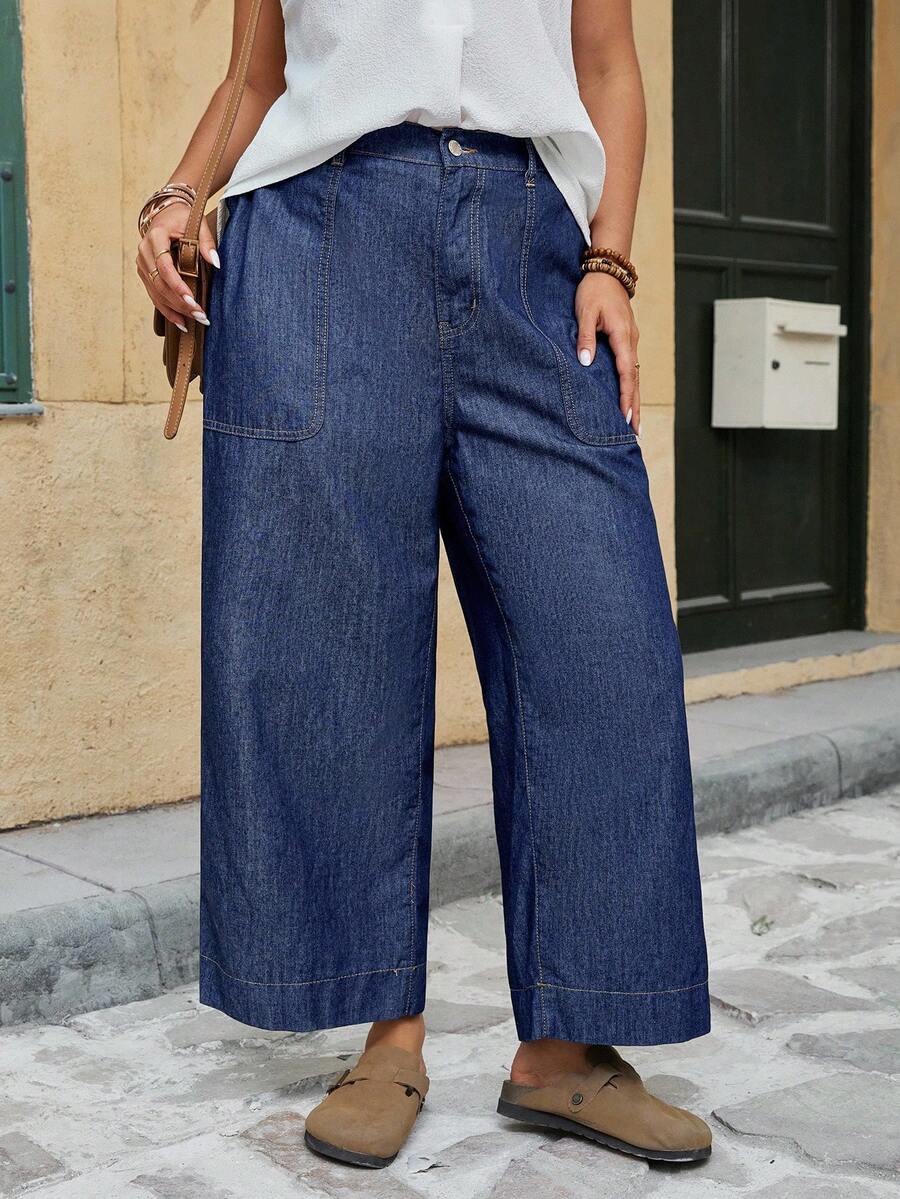 EMERY ROSE Quần jean denim dáng rộng, phong cách đường phố, rộng rãi, có túi cho nữ cỡ lớn - Rửa tối - Xem 1