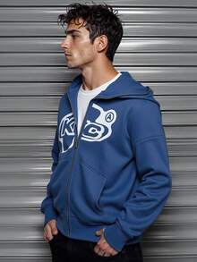 Manfinity Dauomo Men's Y2K Baseball Jacket Hoodie, Street Fashion Letter Print Short Sporty Hoodie - Blue - View 3
