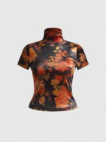 ROMWE Fairycore Bluză vintage din catifea cu imprimeu floral, guler înalt, mânecă scurtă, pentru femei