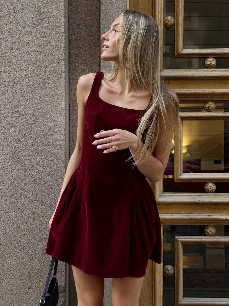 Pariaura 女士优雅 A 字裙，适合婚礼宾客、万圣节、返校季、秋冬季 - 深紅色 - 查看 1