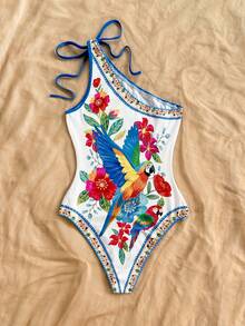 Soleia New Vacation Knit Printed Asymmetrical Shoulder Bowknot Bodysuit For Women - Multicolor - View 2