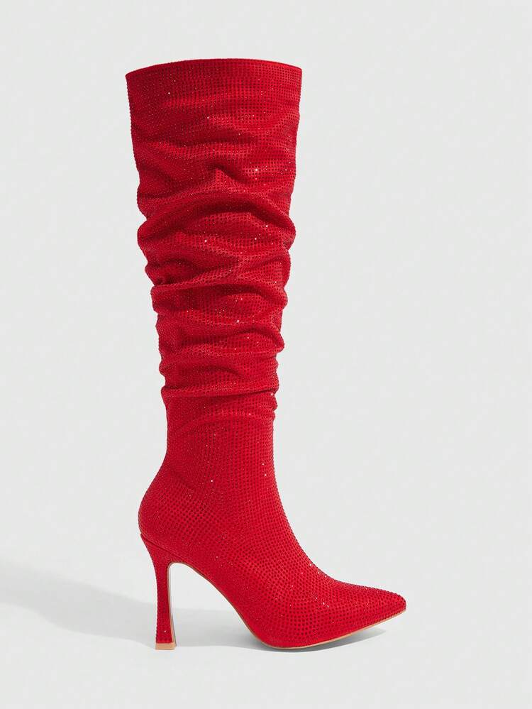 CUCCOO SZL Women's Pointed Toe Rhinestone Embellished Ruched Thigh High Boots, Sexy Stiletto Heel Party Boots For Christmas Spring Shoes