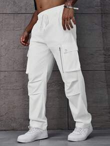 Manfinity LEGND Plus Size Men's Solid Color Straight Casual Cargo Pants, Versatile, Fall - White - View 7