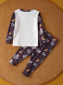 TOM & JERRY X SHEIN 2pcs Baby Boy Cartoon Graphic Crew Neck Long Sleeve Top And Pants Knit Casual Snug Fit Pajama Set