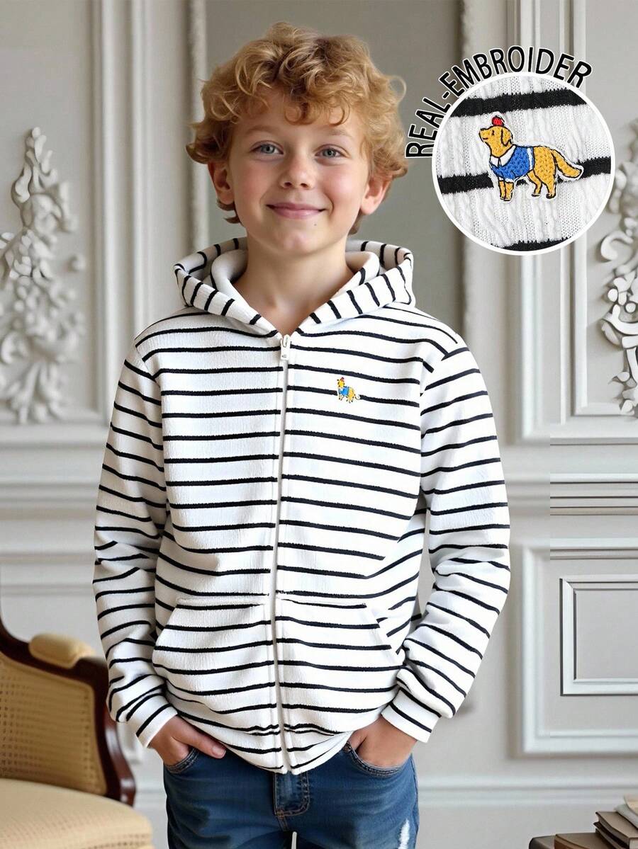 Joliand Joliand 1 件青少年男孩优雅校园风格休闲都市可爱小狗标志海军蓝和白色条纹连帽夹克，适合外出、聚会、返校、夏季和秋季 - 彩色 - 查看 1