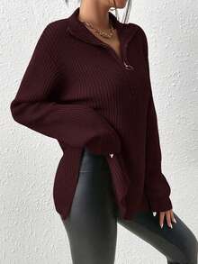 SHEIN Frenchy 女士时尚休闲纯色拉链套头毛衣 - 中紫紅色 - 查看 7