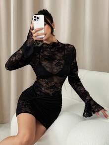 SHEIN PETITE 勃艮第性感透视蕾丝迷你连衣裙，适合日常约会、夜间外出、夜总会、派对、聚会、鸡尾酒会、泳池派对、秋冬季 - 黑色 - 查看 7