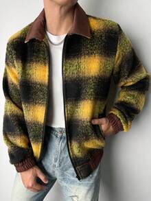 Manfinity Roghcode Men's Yellow Plaid Long Sleeve Patchwork Collar Zip-Up Jacket,Vintage Grunge Streetwear Shacket,Autumn Holiday Baggy Windbreaker Winter Sweater Jacket - Multicolor - View 3