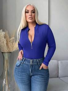 SHEIN SXY Plus Size Women Comfortable Casual Long Sleeve Zip-Up Bodysuit, Autumn/Winter