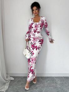 Elenzga Đầm ôm sát cơ thể mini dáng ôm, cổ xếp nếp, buộc eo, họa tiết hoa xanh trắng phong cách mới, gợi cảm, thanh lịch, thu/đông - Màu tím - Xem 3