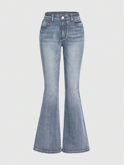 Grunge Punk Jean évasé taille basse ajusté, broderie vintage chic punk, bleu clair