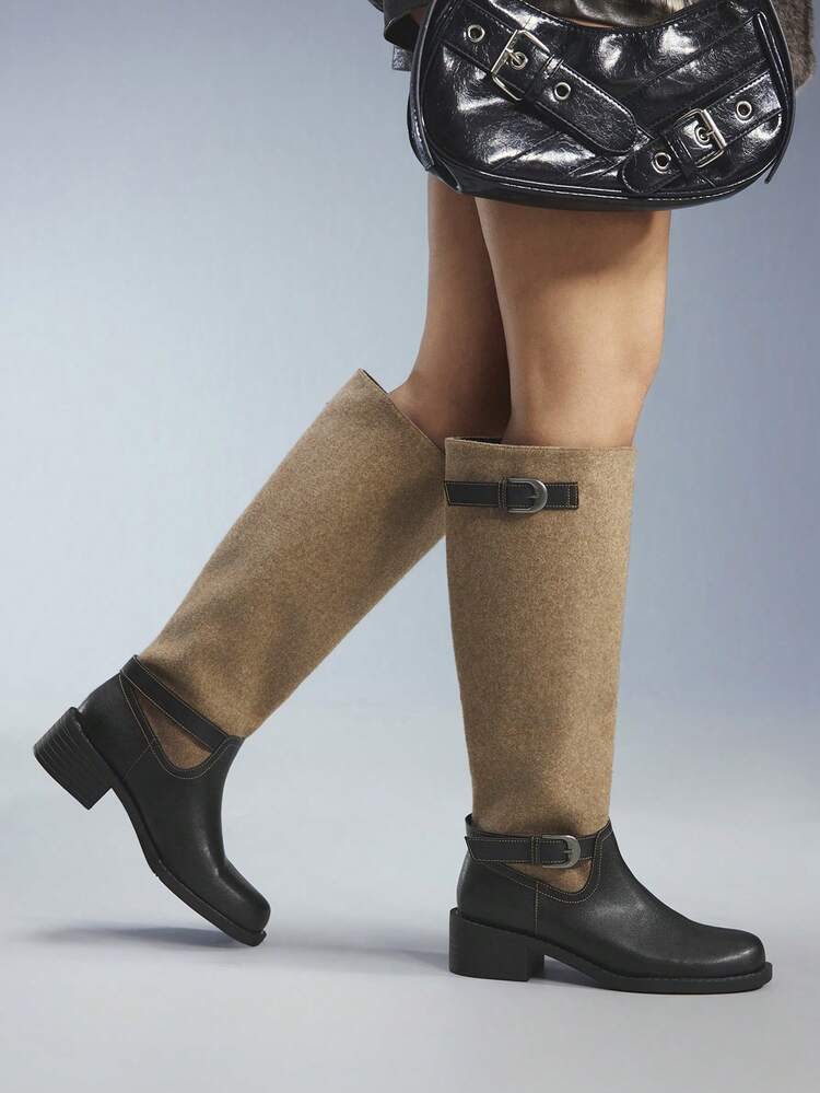 CUCCOO GRLICON ウィメンズ アウトドア ラウンドトゥ プラットフォーム 厚底 ブラックストラップ装飾 ブラウンスエード素材 ファッション快適 デイリー パーティー スリッポンブーツ Y2Kコーデ