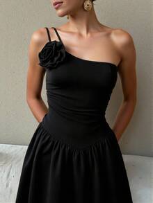 Women 3D Floral Decor Asymmetrical Sleeveless Waist Cinched A-Line Dress - Black - View 3