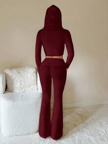 SHEIN ICON 2pcs Set: Hooded Zip-Up Cardigan & Tight Flared Pants - Burgundy - View 4