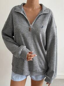 Livesso Sudadera de mujer con cuello alto, media cremallera, estampado de dibujos animados, estilo casual de negocios elegante de calle, forrada térmicamente para otoño/invierno - Gris - Ver 4