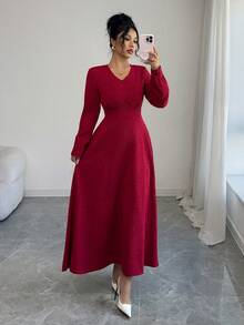 Rafferiza Raffinéa Elegant Long Sleeve Dress,French Lace Sophisticated Embroidery,High-End Aristocratic Style,Dark Red,Autumn,Elegant,Dining,Christmas Holidays - Burgundy - View 1