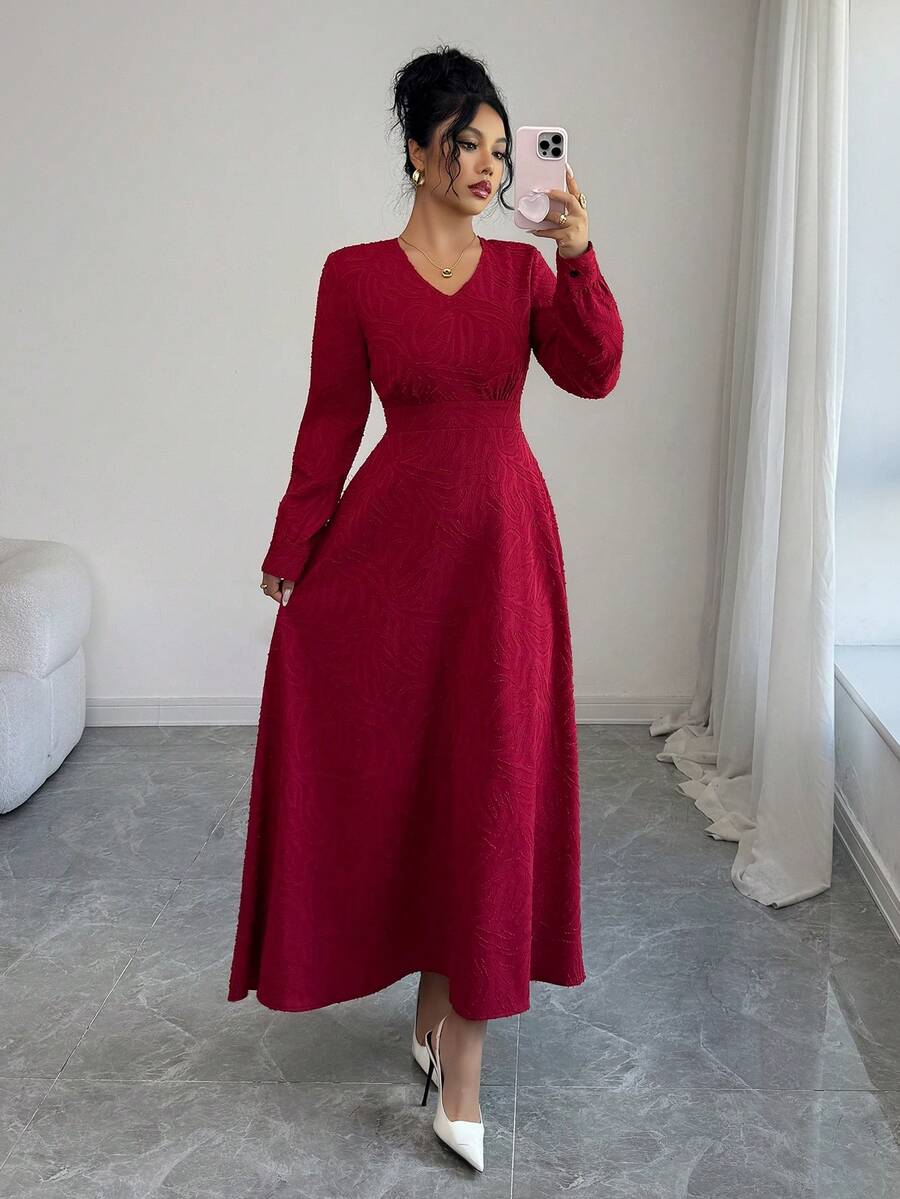 Rafferiza Raffinéa Elegant Long Sleeve Dress,French Lace Sophisticated Embroidery,High-End Aristocratic Style,Dark Red,Autumn,Elegant,Dining,Christmas Holidays - Burgundy - View 1