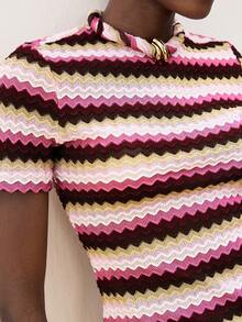 Maija 女士多色波浪条纹休闲度假浪漫时尚修身圆领短袖几何波浪提花针织沙滩波西米亚风度假T恤，夏季海滩，波西米亚风度假装，四季皆宜的ins明星同款度假风，异域风情，乡村音乐会，西部风情，高档面料，舒适透气 - 彩色 - 查看 5