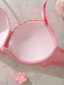 Pink Underwire Padded Bra With High Support, Lift & Gather, Embroidered Floral Pattern, Romantic Countryside Style Women's Lingerie