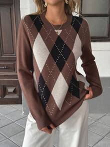 Pariaura 女士时尚优雅菱形图案撞色长袖毛衣，适合秋冬季穿着 - 彩色 - 查看 4