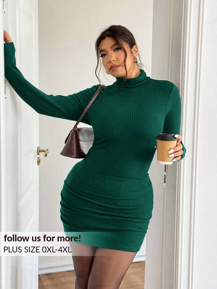 Lounesse 大码女式高领纹理面料黑色紧身长袖连衣裙，百搭针织连衣裙，适合日常穿着和通勤，秋冬 - 墨綠色 - 查看 1