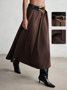 Lumivelle Women's Fashion Pleated Leather Belt Decor Skirt - Brown - View 1