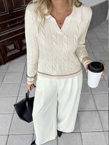 Chiquease Pull élégant rétro français avec bordure contrastée, vêtement pour l'automne/l'hiver - Blanc - Voir 3