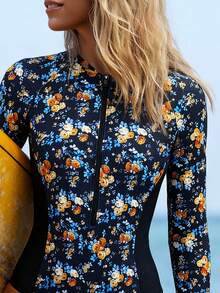 Swim SPRTY 1pc Women's Ditsy Floral Long Sleeve One-Piece Swimsuit, European And American Style For Summer Surfing And Beach