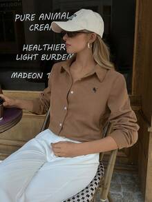 女式编织休闲度假通勤秋季衬衫 - 棕色 - 查看 6