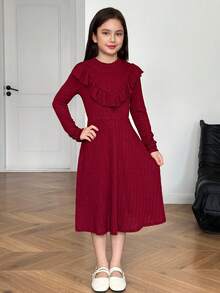 Gaun Midi Anak Perempuan Remaja Elegan dengan Kerah Tegak, Tekstur Rajutan Aran Stitch, Hem Bergelombang, Model Fit & Flare, Warna Merah Anggur, Cocok untuk Natal, Halloween, Tahun Baru - Burgundy - View 6