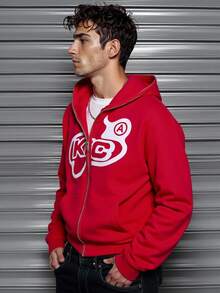 Manfinity Dauomo Y2K风格男士拉链连帽夹克，街头风字母印花短款连帽衫，秋冬款 - 紅色 - 查看 3