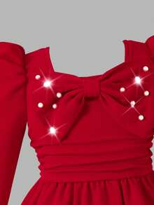 Elladie kids Mädchen rotes gestricktes Kleid mit Schleifen-Dekor und Perlen-Verzierung, modisch und elegant, geeignet für Pendeln, Zusammenkünfte, Partys und den täglichen Gebrauch
