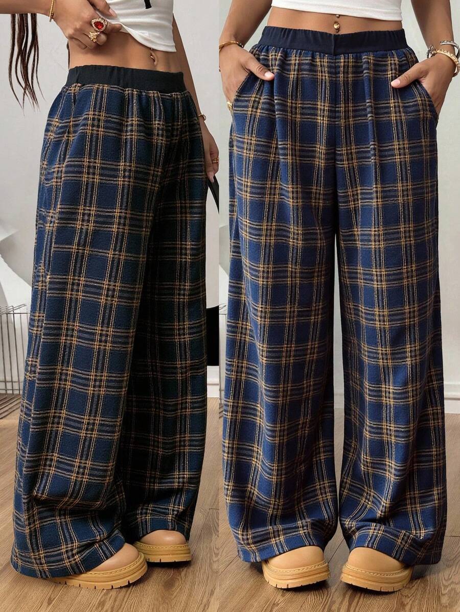 SHEIN Teen Girls Casual Plaid Straight Leg Pants Plaid Pants Pajama Pants Wide Leg Pants Checkered Pants Loose Pants,/Spring/Autumn/Christmas,Holiday/Famliy Day/Happy New Year - Multicolor - View 1