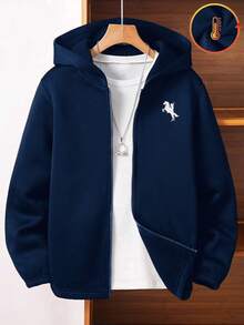 SHEIN 1件装青少年男童休闲运动学院风复古连帽外套，适合返校、生日派对、晚宴、演出、婚礼、洗礼、开幕式等场合，日常穿着也十分合适，适合上学、旅行、运动，尤其适合秋冬季节。这款连帽衫采用海军蓝面料，拉链设计，适合冬季穿着。 - 藏蓝色 - 查看 4