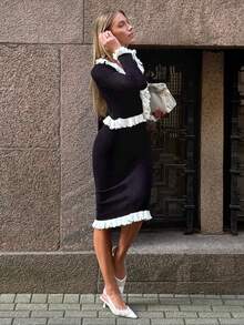 Pariaura 2pcs/Set French Romantic Lace Trim Regular Fit Women Sweater - Black - View 4